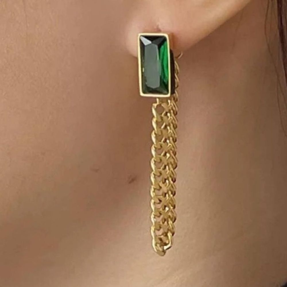 The Champion Square Emerald Crystal Gold Chain Dangle drop Earrings